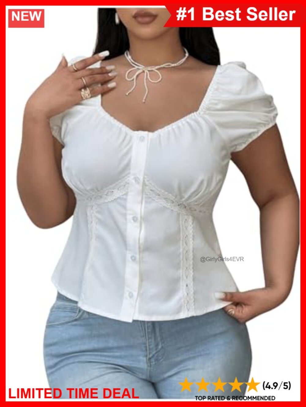 Plus Size Puff Short Sleeve Button Down Lace Peplum Blouse